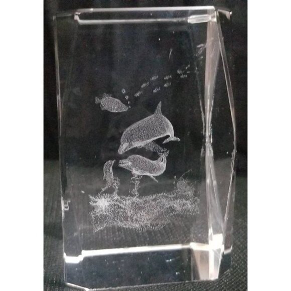 3D Etched Crystal Glass Dolphin Figurine Paperweight With Marine Life Scene Rect - Picture 7 of 8